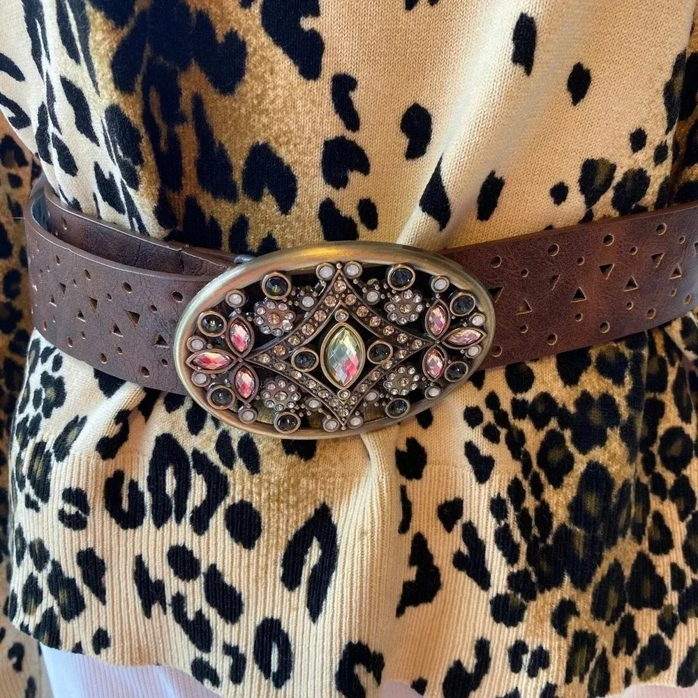 Beautiful Rhine Stones Faux Leather Belt Women Size 1 32.5”